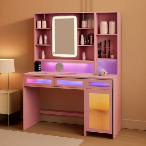 Vanity Desk with Mirror and Lights, Makeup Vanity with Transparent Top & RGB Drawers, Girls Vanity Table with Lighted Mirror for Bedroom Featuring 3 Modes & Outlet, Pink