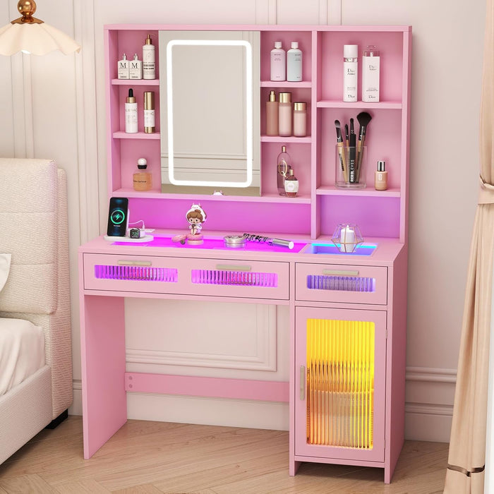 Vanity Desk with Mirror and Lights, Makeup Vanity with Transparent Top & RGB Drawers, Girls Vanity Table with Lighted Mirror for Bedroom Featuring 3 Modes & Outlet, Pink