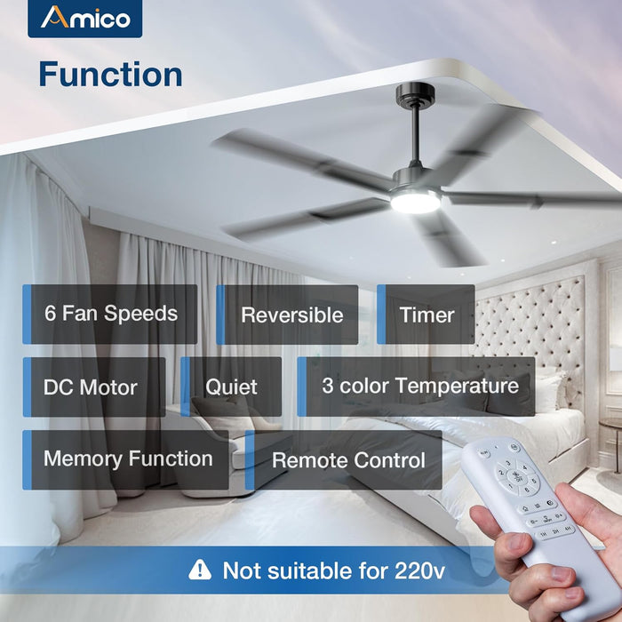 62 Inch Ceiling Fans with Lights and Remote, Black Indoor/Outdoor Ceiling Fan with 6 Speed, Reversible DC Motor, 3CCT, Dimmable, Noiseless Modern Ceiling Fan for Bedroom, Living Room, Patio