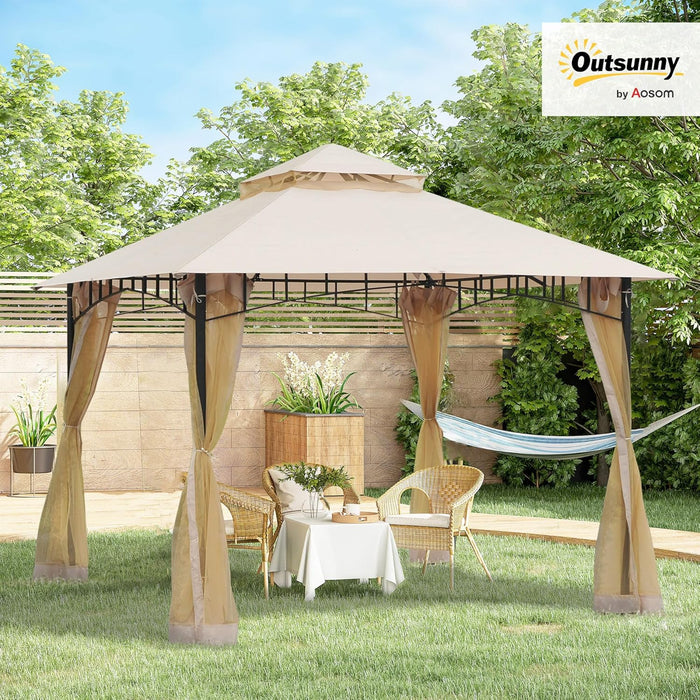 10' X 10' Outdoor Patio Gazebo Canopy Tent with Mesh Sidewalls, 2-Tier Canopy for Backyard, Beige