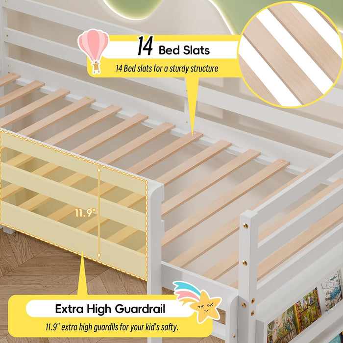 Low Bunk Bed for Kids, Floor Bunk Bed Twin over Twin with Bookshelves & Full Guardrails, Wooden Twin Bunk Bed Frame for Bedroom, Dorm, Boys, Girls, Children, Toddler (White)
