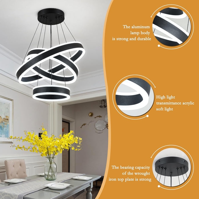Modern LED Chandeliers Adjustable Hanging Black Pendant Light Fixture 3 Ring Flush Mount Chandeliers for Bedroom,Kitchen,Island Cafe
