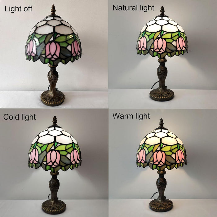 Tiffany Table Lamp Small Stained Glass Desk Lamp Vintage Bedside Lamp Included 3 Way LED Bulb for Home Living Room Nightstand Bedroom Office (Pink Tulip)