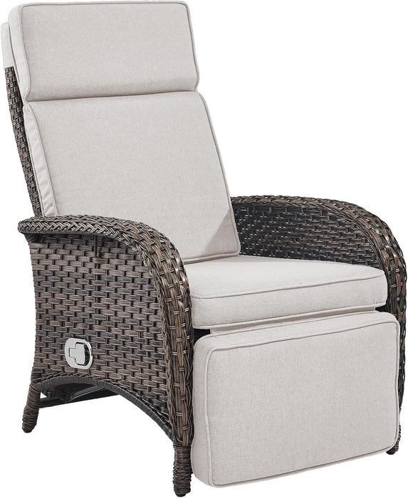 Versatile Outdoor Recliner Chair - Reclining Patio Chair with Adjustable Backrest and Footrest, All-Weather Wicker Chaise Lounge Chair Outdoor for Pool Deck Brown Beige