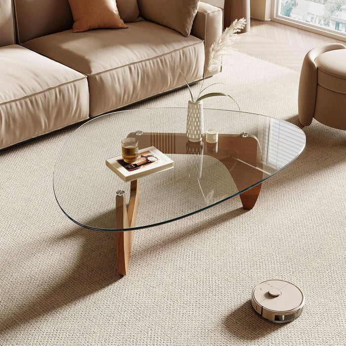 Morden Coffee Table, 42.5" X 28.5" X 16.1" Triangle Tempered Glass Top for Living Room, Color: Natural Wood