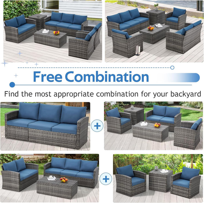 7 PCS Outdoor Patio Furniture Sets W/Two Storage Boxes, Outdoor Conversation Set PE Wicker Sectional Sofa Patio Sofa for Garden, Deck, Grey Rattan& Blue Cushions