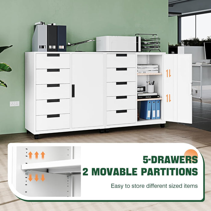 White Five-Drawer Movable Storage Cabinet For Home