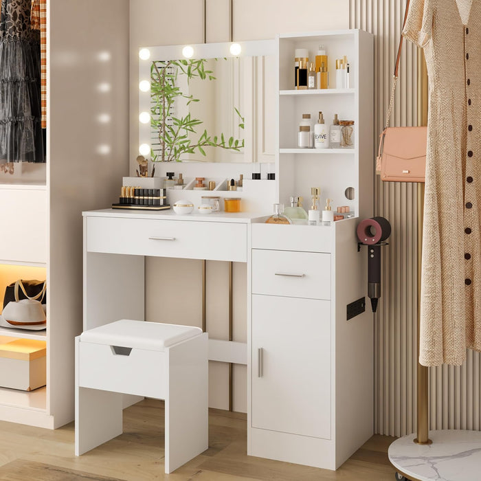Vanity Desk with Mirror and Lights, 39.2"W X 15.5"D X 57.1"H White Makeup Vanity with Charging Station, Dressing Table with Storage Chair Set, 3 Lighting Modes Adjustable Brightness for Bedroom