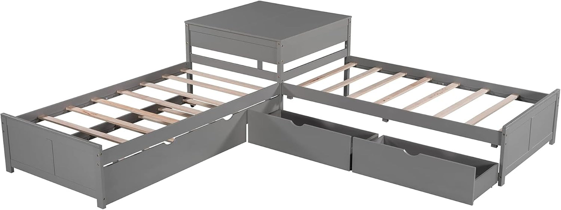 L-Shaped Platform Bed with Trundle, Drawers and Built-In Desk, Wood Bed for Teens, L Shaped Twin Bed, Grey