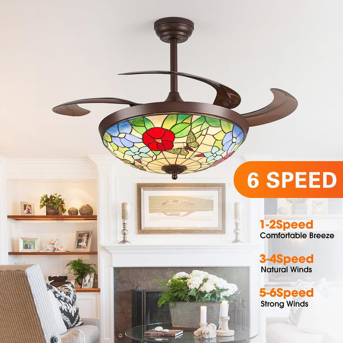 48" Tiffany Retractable Ceiling Fan with Light - (Garden, Brown)