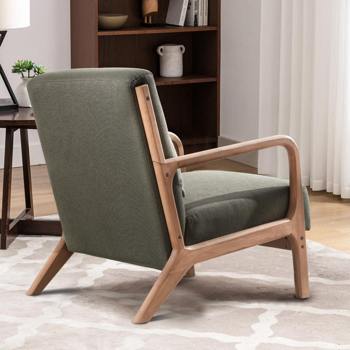 Mid Century Modern Accent Chair with Wood Frame, Upholstered Living Room Chairs with Waist Cushion, Reading Armchair for Bedroom Sunroom (Green)