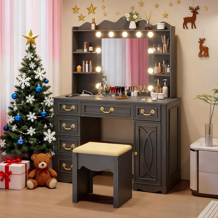 Vanity Desk with Large Mirror and Lights, 43.3" Makeup Vanity Desk with Charging Station and 6 Drawers, Makeup Dressing Table with Storage Stool for Bedroom (Grey)