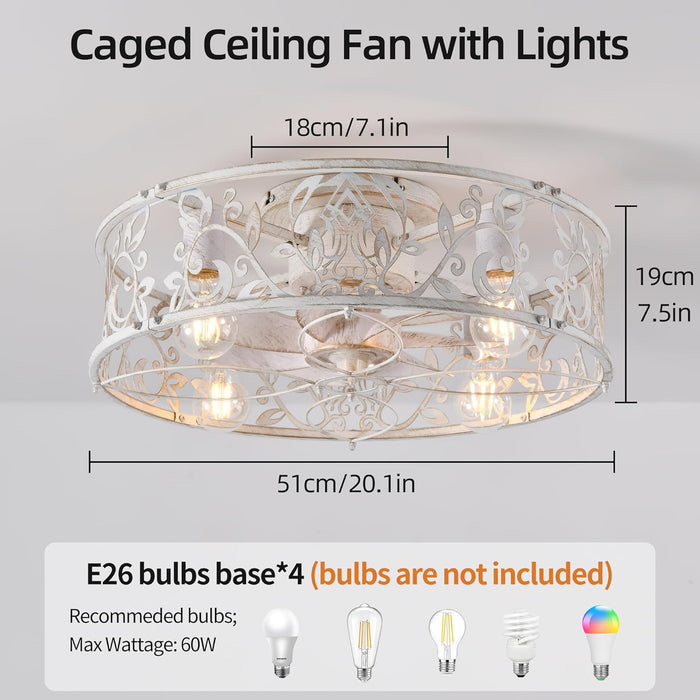 20" Caged Ceiling Fan with Light, Flush Mount Bladeless Fandelier with Remote, Small Low Profile for Bedroom, Kitchen, Dining Room, White Gold