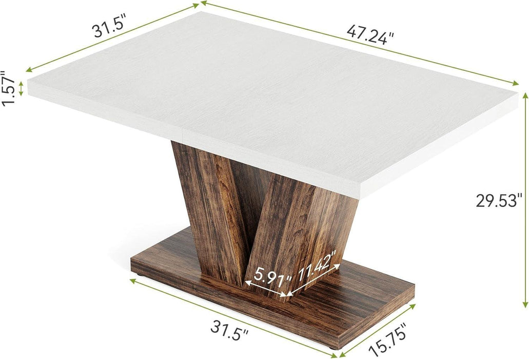 47 Inches Dining Table for 4, Modern Dining Room Tables, White Rectangle Kitchen Table with Rustic Brown V-Shaped Pedestal, Wooden Dinner Table for Dining Room, Kitchen, Living Room