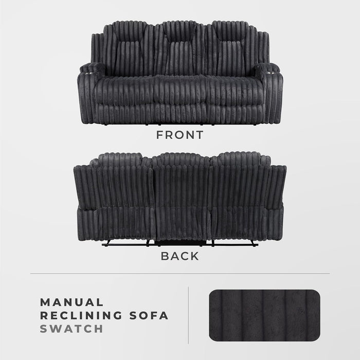 Manual Double Reclining Sofa, Corduroy Wall Hugger Manual 3 Seater Recliner Couch, Padded Armrests, Cup Holders for Living Room, Home Theater, Easy Assembly, Dark Gray