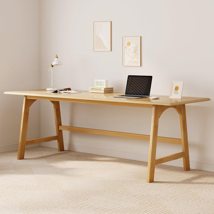 Solid Wood Writing Table - 72" W Minimalist Long Computer Desk, Oak