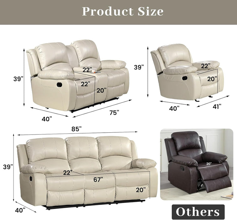 3PC Faux Leather Reclining Couch Set, Living Room Furniture Set, Sofa, Loveseat, Glider, 8018 Multiple Colors (Beige, Sofa+Loveseat+Chair)