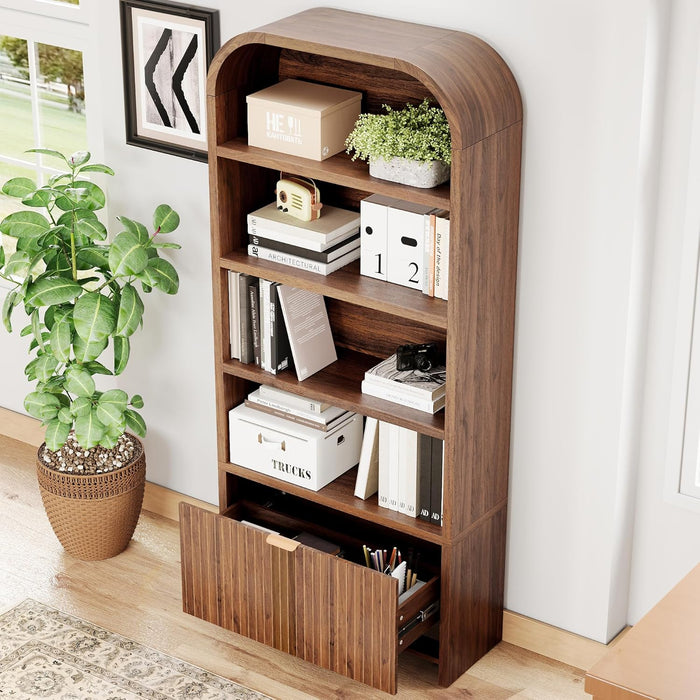 Walnut 70-Inch Freestanding Arched Bookcase Fluted Drawer