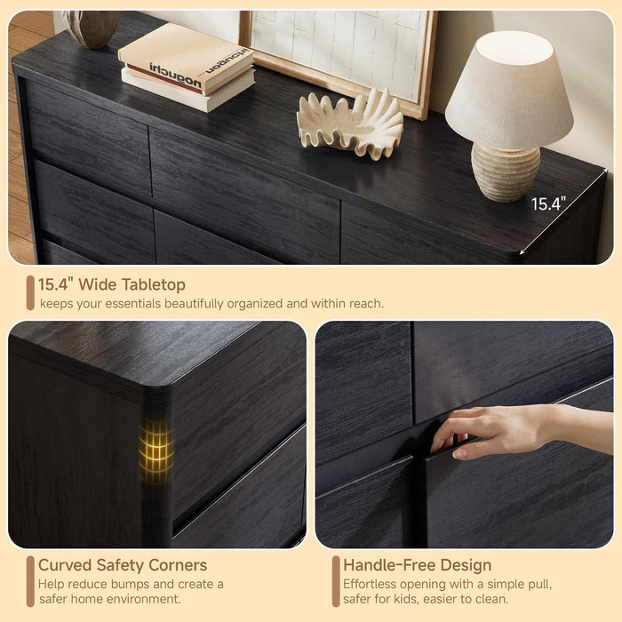 Modern 7 Drawers Dresser for Bedroom, 55" Wide Bedroom Dressers & Chest of Drawers W/Curved Profile, Mid Century Wood Dressers with Handleless Design, Large Dresser for Bedroom Living Room