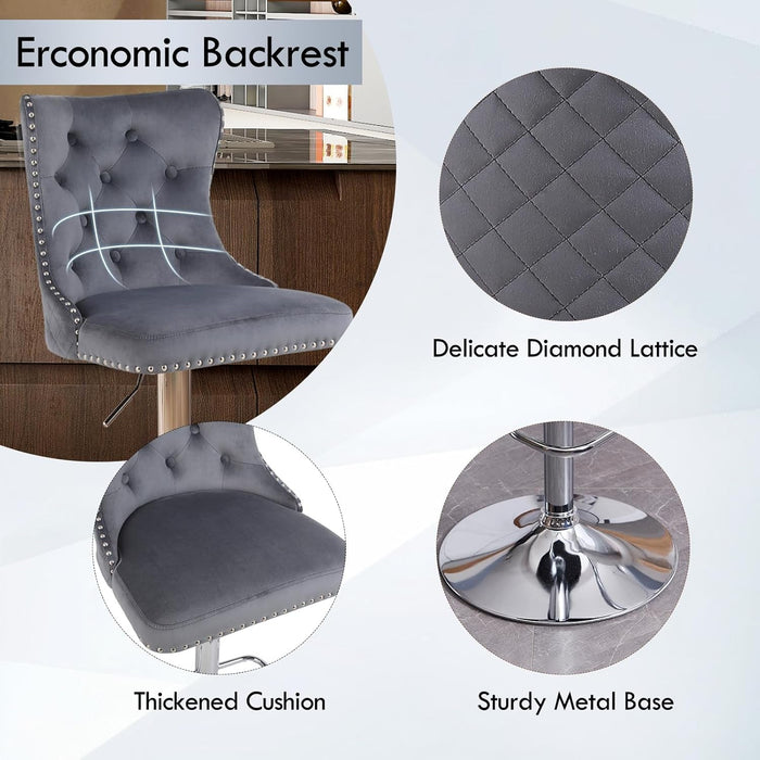 Velvet Adjustable Swivel Bar Stools Set of 4, High Tufted Back Modern Counter Height Stools Chrome Footrest/Lion Pull Ring/Rivet Trim/Diamond Pattern Kitchen Dining Pub Bar Chairs, Dark Grey