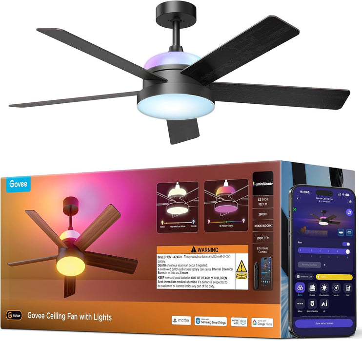 Ceiling Fan with Lights, RGBIC Smart 52'' Low Profile Ceiling Fan with Lights and Remote, Reversible DC Motor, Dimmable, 2800Lm, Ceiling Fan for Bedroom, Living Room, Black
