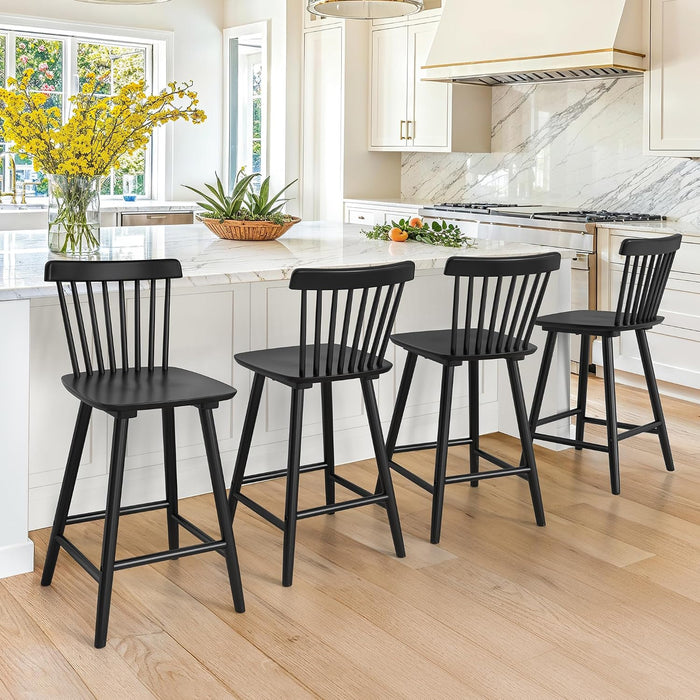 Upgraded Windsor Wooden Black Bar Stools Set of 4, 24 Inch Counter Height Barstools with Spindle Back/Bigger Seat for Kitchen Island