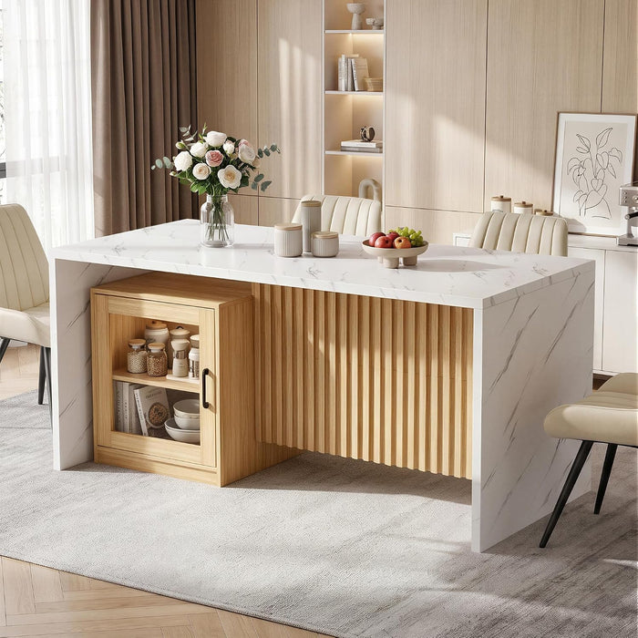 63 Inch Dining Table, Modern Kitchen Dining Room Table with Storage Cabinet, Faux Marble Tabletop and Fluted Wood Base, Rectangular Dining Table for 4-6 People