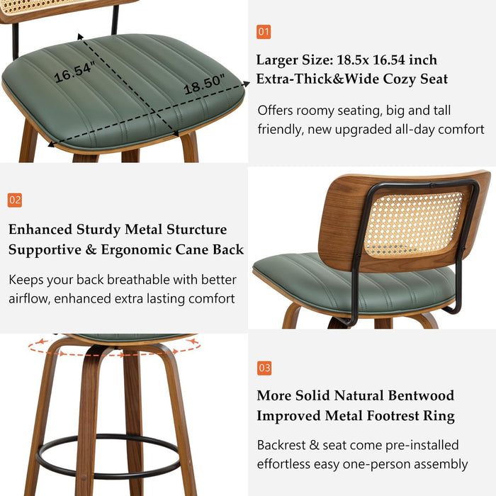 Swivel Bar Height Stools, Mid Century Modern Bar Stools with Curved Back | Solid Bentwood Frame, Walnut Finish, Cane Back, PU Leather Upholstered Seat, Kitchen Barstools for Bar, Cafe, Pub, Restaurant