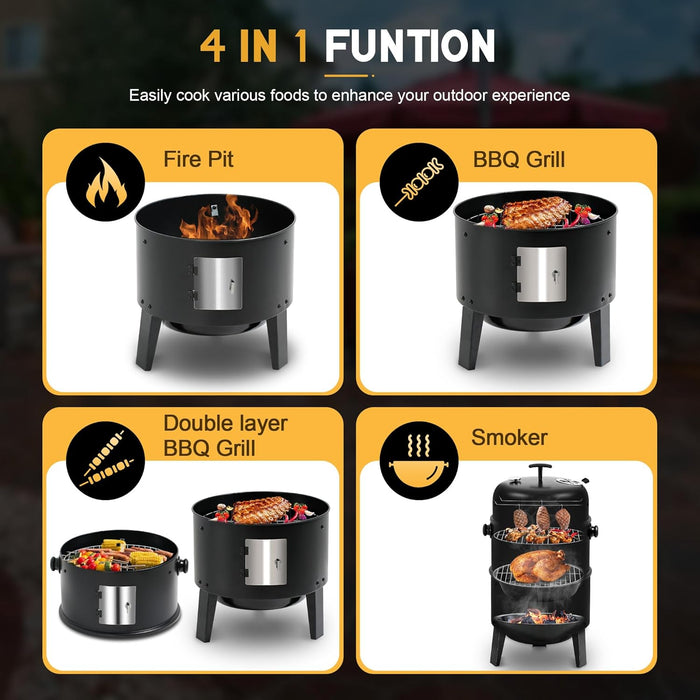 16 Inch Charcoal Smoker, Vertical BBQ Grill, Heavy Duty 4 in 1 Fire Pit with Built-In Thermometer & Adjustable Vent System for Backyard Patio Camping