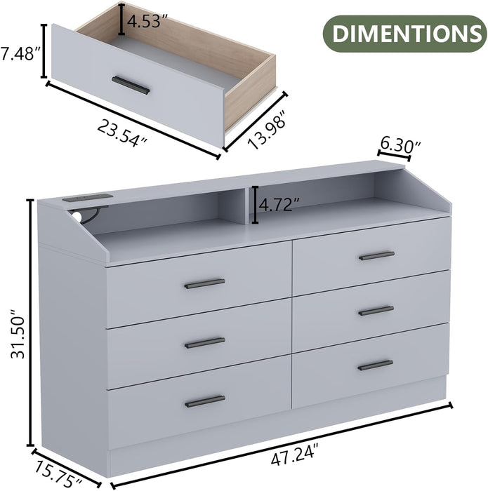6 Drawer Dresser with Power Outlet, Chest of Drawer with LED Light, Modern Dresser with Open Storage Cubby, Double Wide Dressers Organizer for Bedroom, Living Room, Entryway, Hallway (Grey, 6 Drawers)