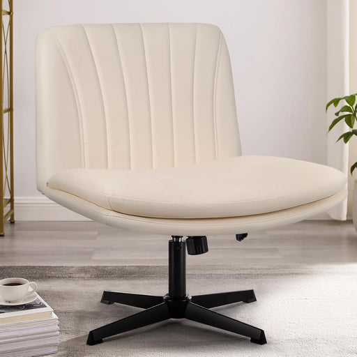 Criss Cross Legged Office Chair,Armless Office Desk Chair No Wheels,Pu Leather Modern Swivel Vanity Chair,Height Adjustable Wide Seat Mid Back Computer Task Chair for Home Office