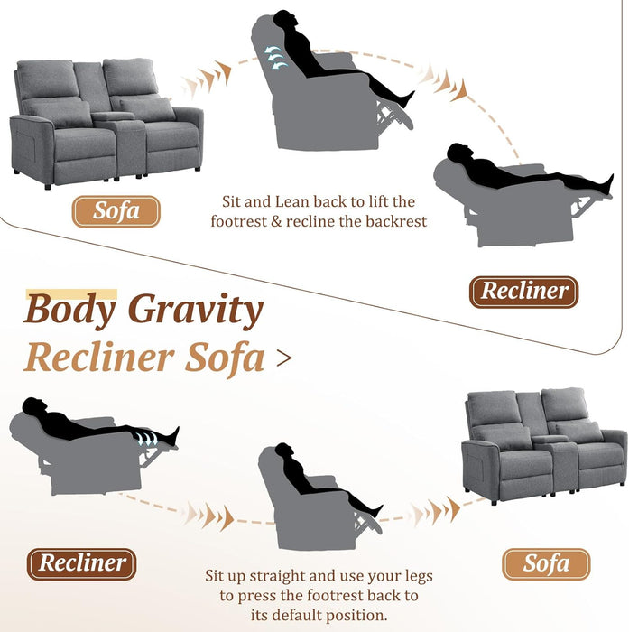 63" RV Loveseat Recliner Sofa, Double Reclining Couch with 2 Cup Holders and Storage Console, 2 Seater Recliner, Manual Reclining Home Theater Seating (Cotton Grey)