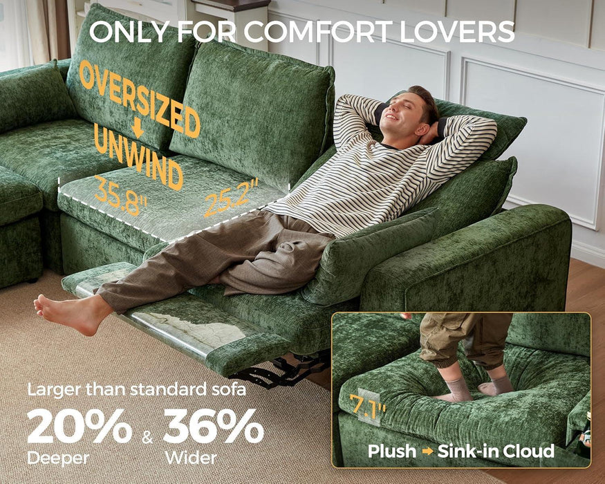 102.8'' Loveseat Power Recliner Sofa with Headrest, Oversized Cloud Modular Sectional Reclining Couch with Table, Storage Drawer, Charging, 2-Seater for RV Home Theater, Chenille, Green