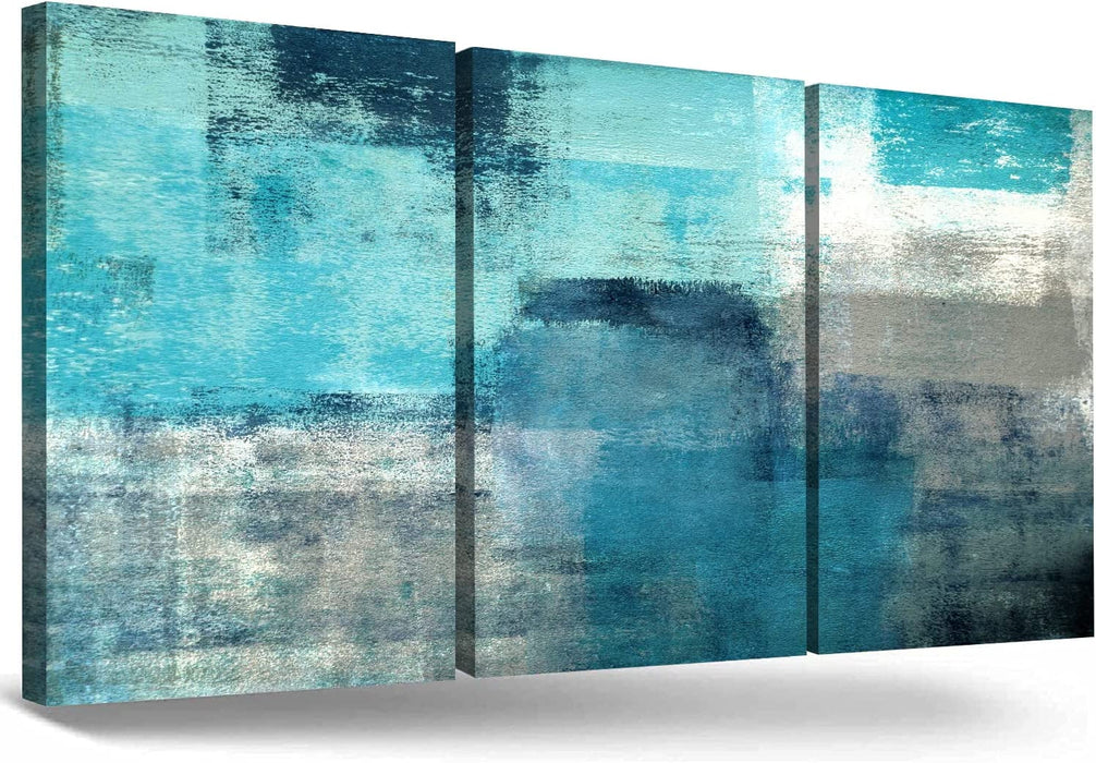 Modern Abstract Wall Art Decor - Turquoise and Grey Teal Canvas Painting, 3-Piece Set of 12"X16" - Ideal for Living Room, Bedroom, Kitchen, Office, and Bathroom Decoration