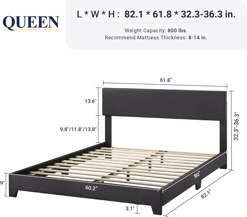 Queen Bed Frame with Adjustable Headboard, Faux Leather Platform Bed with Wood Slats, Heavy Duty Mattress Foundation, No Box Spring Needed, Noise-Free, Easy Assembly, Black