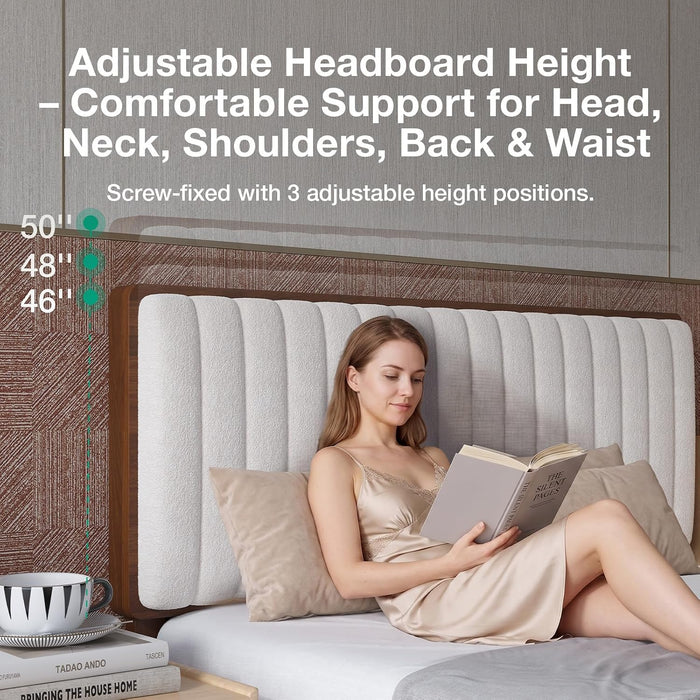Queen Size Bed Frame with 3-Level Adjustable Upholstered Headboard