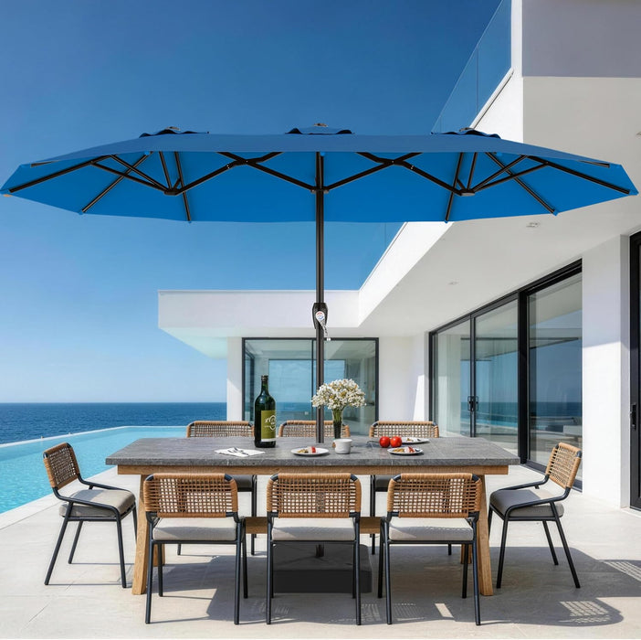 15FT Outdoor Patio Umbrella with Crank, Large Rectangular Market Umbrella, Double-Sided Outdoor Umbrellas with Cross Base & Sandbag for Porch, Lawn, Pool, Backyard, Royal Blue