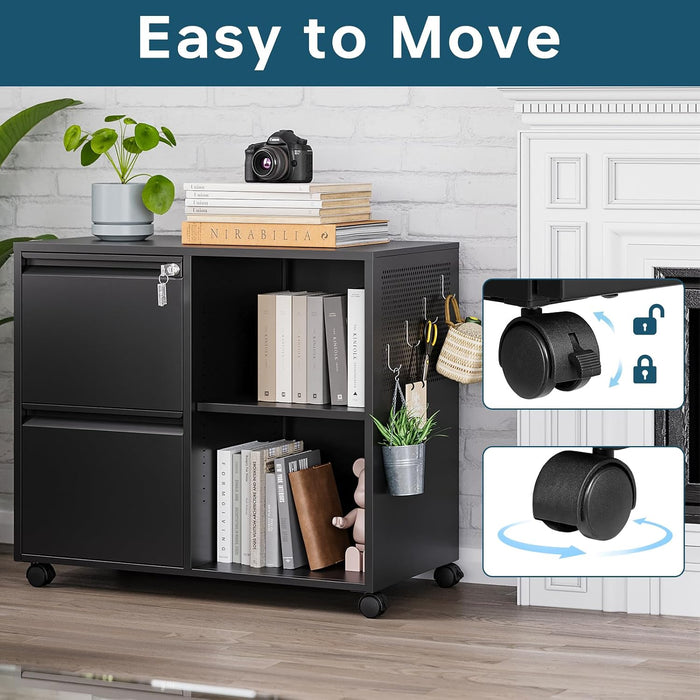 2 Drawer File Cabinet with Lock, Metal Lateral Rolling Printer Stand Filing Cabinets with Drawers for Home Office,A4, Letter Size File Folders(Black)