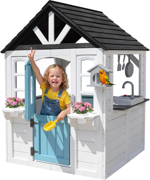 Cedar Wooden Kids Playhouse with Dutch Door, Play Kitchen, Interactive Doorbell, Birdhouse & Flowerpot Holders, Indoor and Outdoor Play House Cottage for Imaginative Play, Ages 2+ Years Old