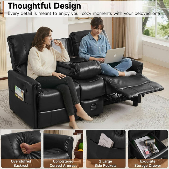 Manual Reclining Loveseat Sofa with Reversible Console, Double Recliner Couch with Cup Holders & Charging Ports, PU Leather 2-Seater Recliner Sofa for Living Room, RV, Small Spaces, Black