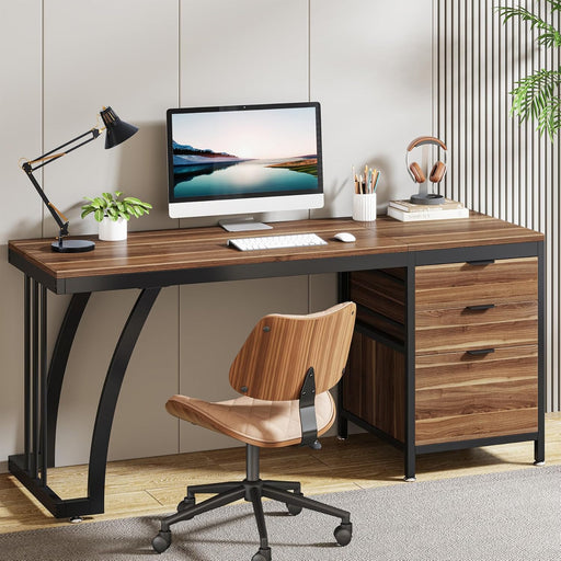 Computer Desk with 3 Drawers, 59-Inch PC Desk with Reversible Drawers, Industrial Study Writing Table Workstation with File Storage for Home Office, Walnut