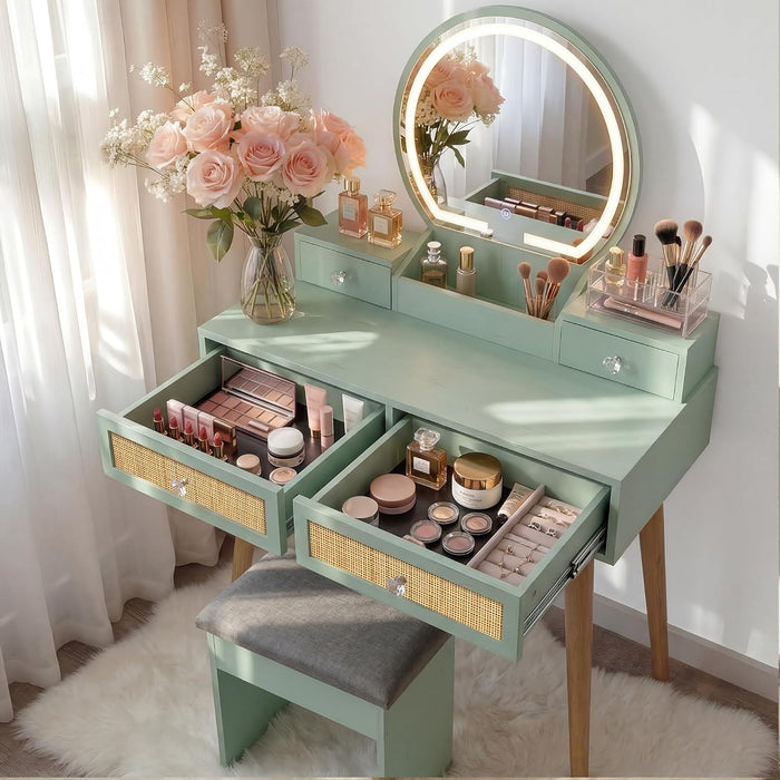 Mint Bohochic Rattan Vanity Desk Illuminated Mirror