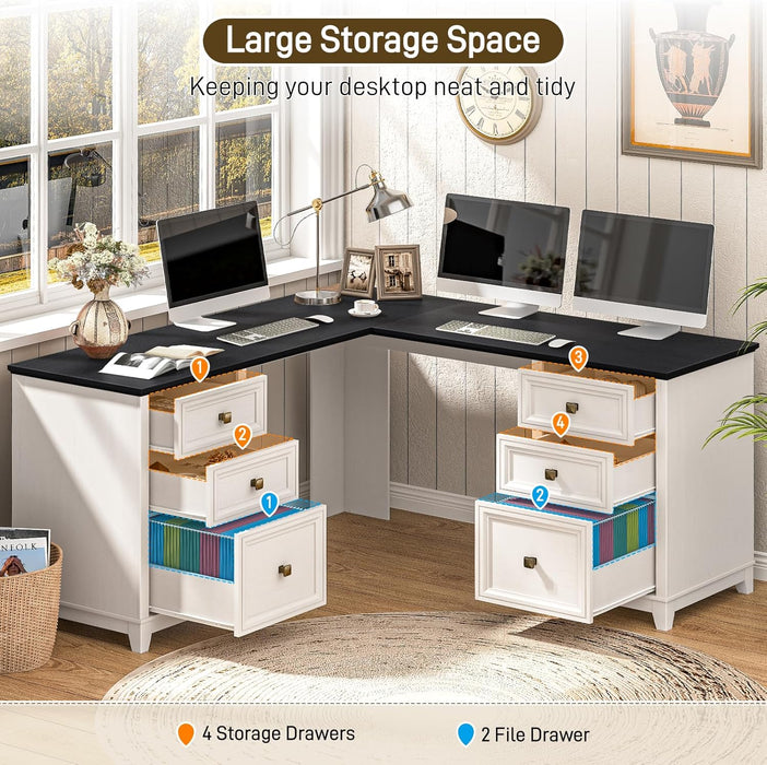 Farmhouse L Shaped Executive Desk with 6 Drawers, 69’’ Wood Home Office Desk with File Cabinet, Writing Corner Computer Desk for Home Office, Work, Study, White and Black