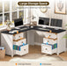 Farmhouse L Shaped Executive Desk with 6 Drawers, 69’’ Wood Home Office Desk with File Cabinet, Writing Corner Computer Desk for Home Office, Work, Study, White and Black