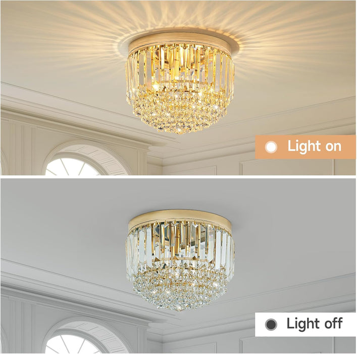 Modern 3-Lights Crystal Chandelier French Gold,11.8" Semi Flush Mount Crystal Ceiling Light LED round Chandelier Light E12 Base for Bedroom Living Room