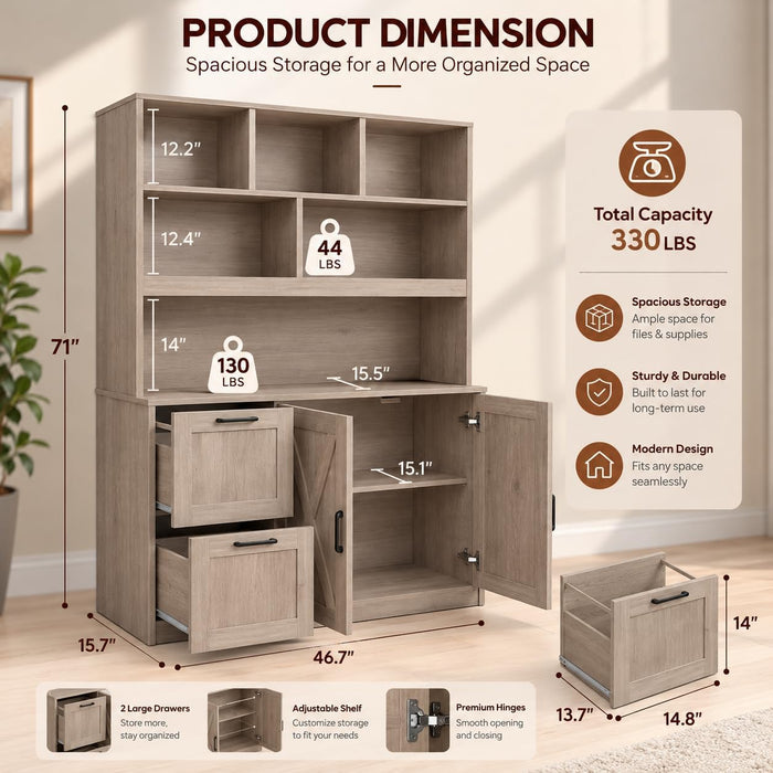 72'' Tall Bookshelf with Power Outlet, 2 Drawer File Cabinet for A4 Hanging Files, 3-Tier Open Shelves & Closed Storage Cabinets, Multifunctional Printer Stand - Greige