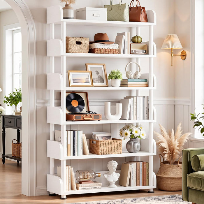 6-Tier Tall Open Bookshelf, 31.5" Modern Display Bookcase Shelf with Top Edge and Pipe Metal Frame, Industrial Standing Bookshelves Storage Rack Organizer for Living Room, Home Office, White