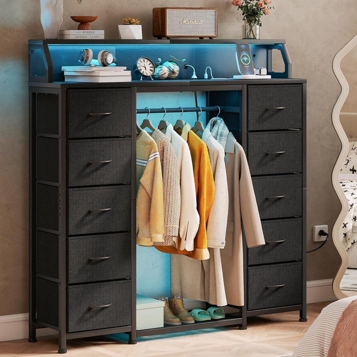 51" Dresser with Hanging Rack, 10 Drawers Closet Dresser