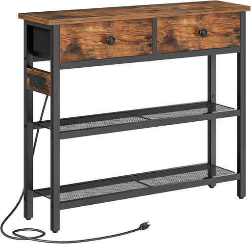 29.5" Narrow Console Table with Power Outlet, Small Entryway Table with 2 Fabric Drawers, behind Couch Table Sofa, 3-Tier Storage Shelves, for Living Room, Hallway, Rustic Brown BF72UXG01