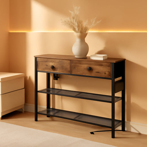 29.5" Narrow Console Table with Power Outlet, Small Entryway Table with 2 Fabric Drawers, behind Couch Table Sofa, 3-Tier Storage Shelves, for Living Room, Hallway, Rustic Brown BF72UXG01